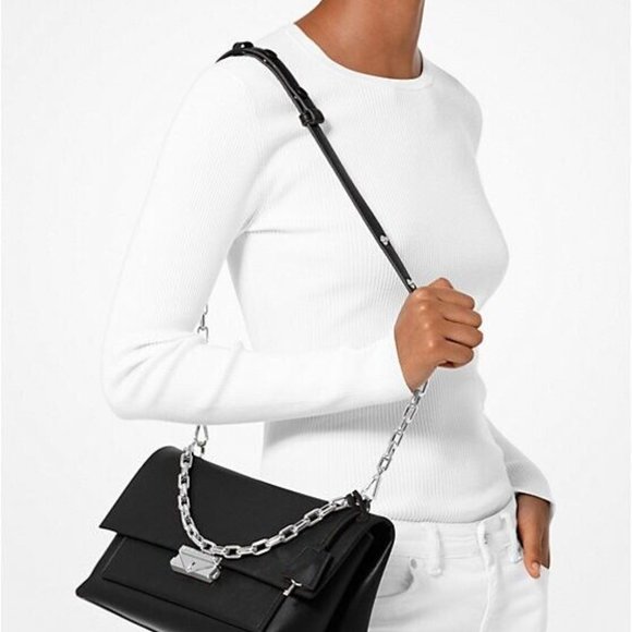 NWT - Authentic Michael Kors Cece Medium Flap Chain Shoulder Bag Black/Silver - Picture 1 of 7